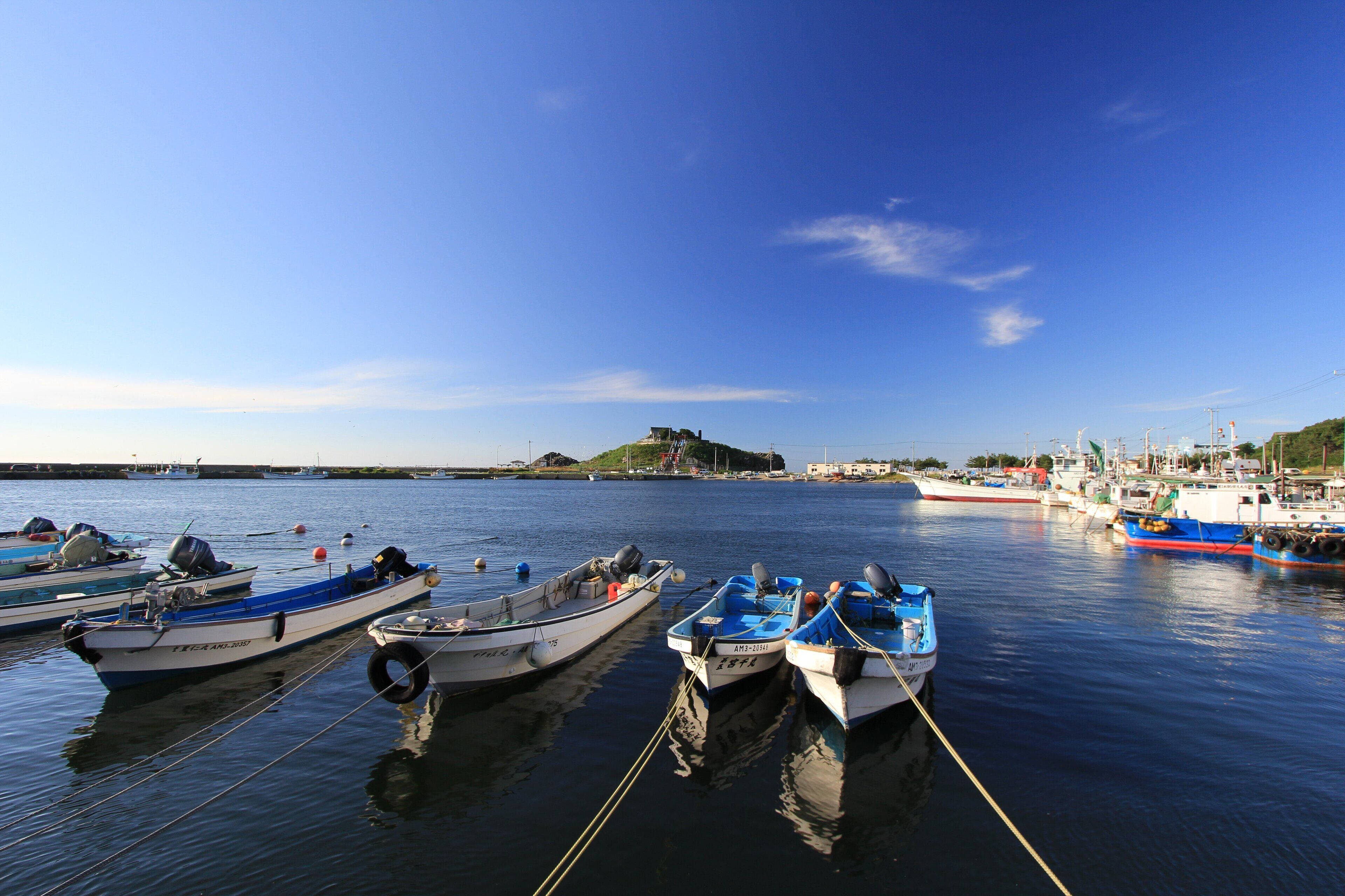 A harbor with several small boats docked, a distant hill with a structure on top, and a clear blue sky.