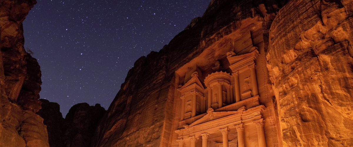 The Treasury is one of the most magnificent facades in the city of Petra. It was made famous as the location of the Holy Grail in the film "Indiana Jones and the Last Crusade". While it's stunning to see during the day, it's especially breathtaking to witness it lit up at night.