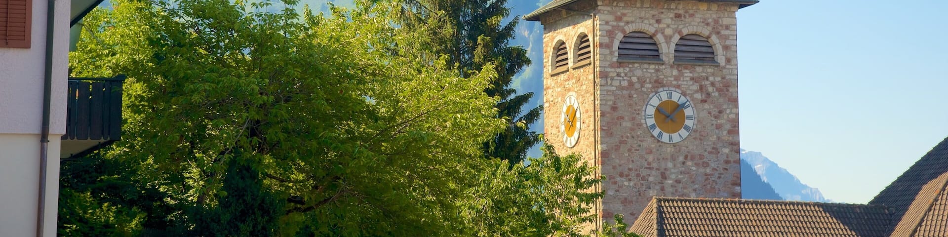 A church tower with a clock and a dome, surrounded by trees and mountains in the background.