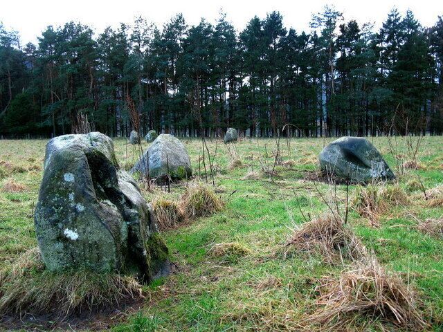 Fortingall Stone Circles To the E of Fortingall stand three groups of standing stones. Closest to the road are a group of four stones and a group of three stones , while further into the field, closer to the river, is another group of three. Originally they had been four-poster variants, each comprising of four large stones at the corners of a rectangle, with four smaller stones mid-way between the larger ones. In both cases, the missing five stones had been pushed over and buried deeply in prepared pits at some point in the nineteenth century. The date is known as one of the stones was found to have a Victorian beer bottle under it.