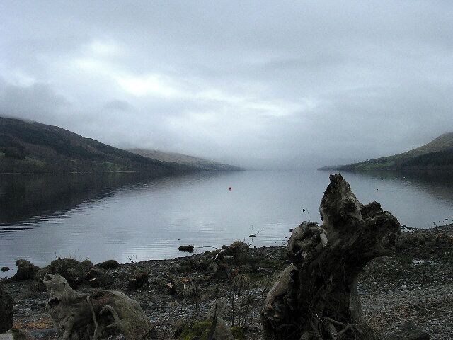 Loch Tay. This misty view of the loch is taken from just west of Fearnan on its north shore looking south west along the loch.