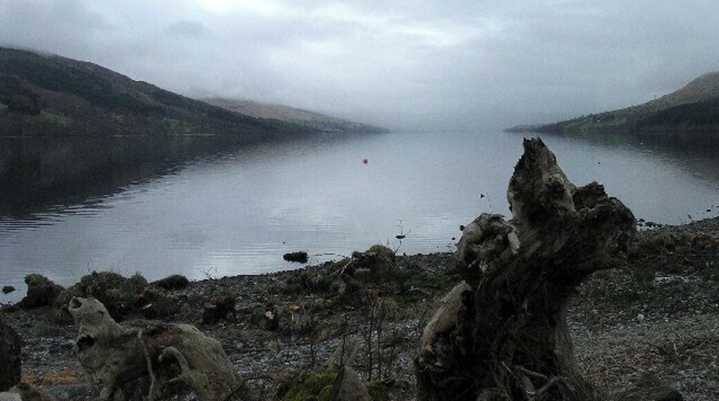 Loch Tay. This misty view of the loch is taken from just west of Fearnan on its north shore looking south west along the loch.