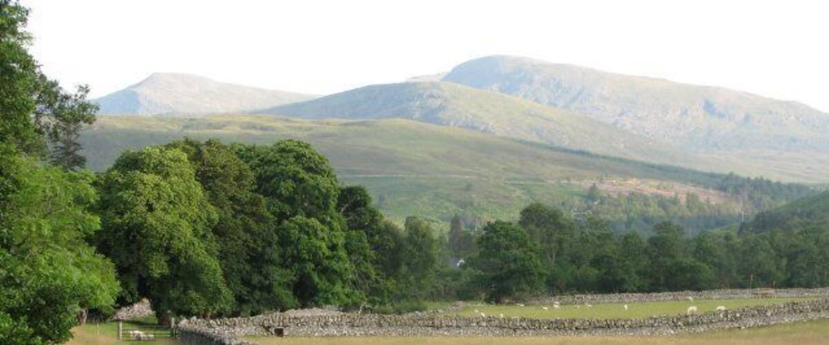 A stone wall, a grassy field, and a mountain range.