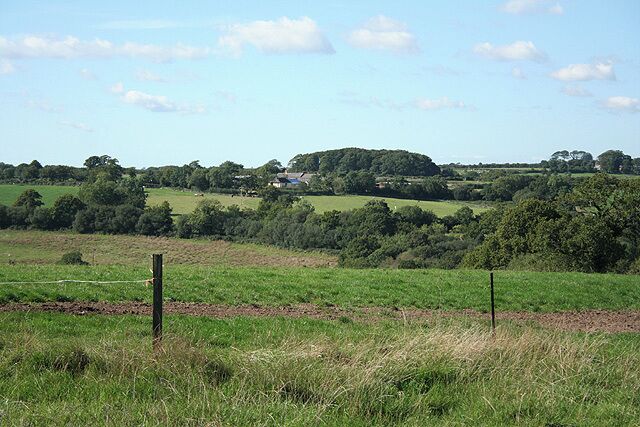 Witheridge: near Berry Castle. Looking north-north-west across a valley towards Wilson, a farm on Wilson Moor. Berry Castle is no more than an undistinguished earthwork in a field