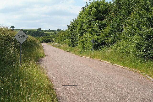 Loxbeare: lane near Buttermoor. The lane from Swinesbridge to Loxbeare was re-aligned here when the North Devon Link Road was constructed and now runs parallel to it, with passing places provided. Elsewhere the lane is much more narrow. Looking north west