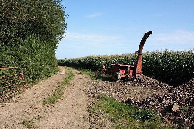 A dirt path with a tractor in a field.