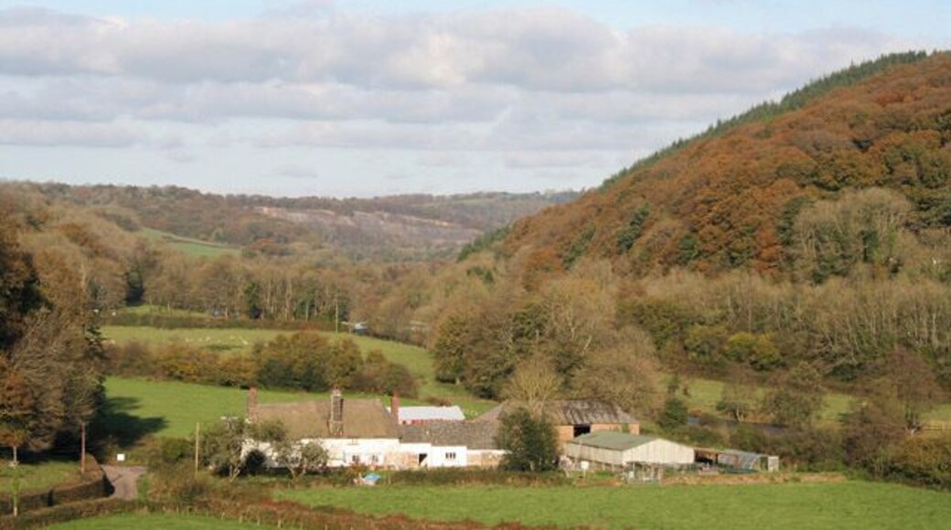 Washfield: the Exe valley and Hatherland Mill. Seen from Hatherland Wood, looking north. In the distance can be seen the disused Holmingham Quarry. The mill is listed by the DOE as a Grade II former farmhouse and there is no mention of its earlier function. However a local resident remembers his grandfather dressing the mill stones and a chipping extinguishing the candle!