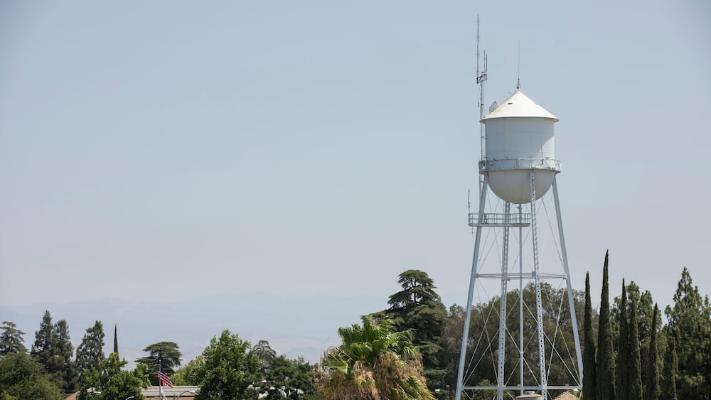 Afternoon sunny city view of the historic water tower of downtown Clovis, California, USA.