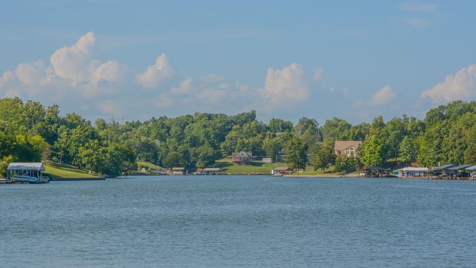 A lake with docked boats, a wooden pier, and houses surrounded by dense forest.