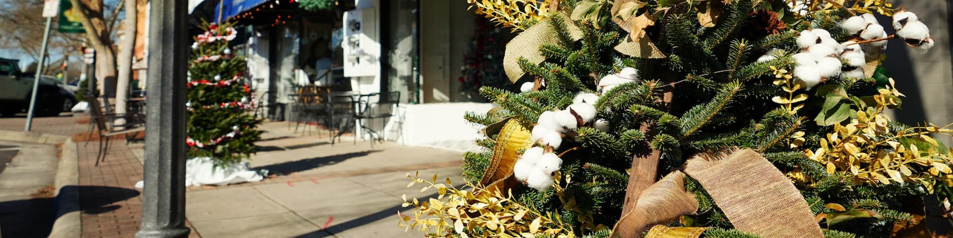 Shops in downtown Fuquay-Varina North Carolina decorated for the Christmas holiday