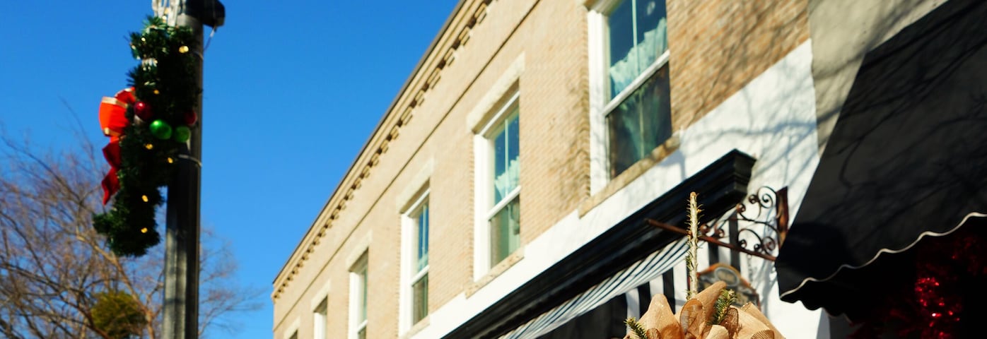 Shops in downtown Fuquay-Varina North Carolina decorated for the Christmas holiday