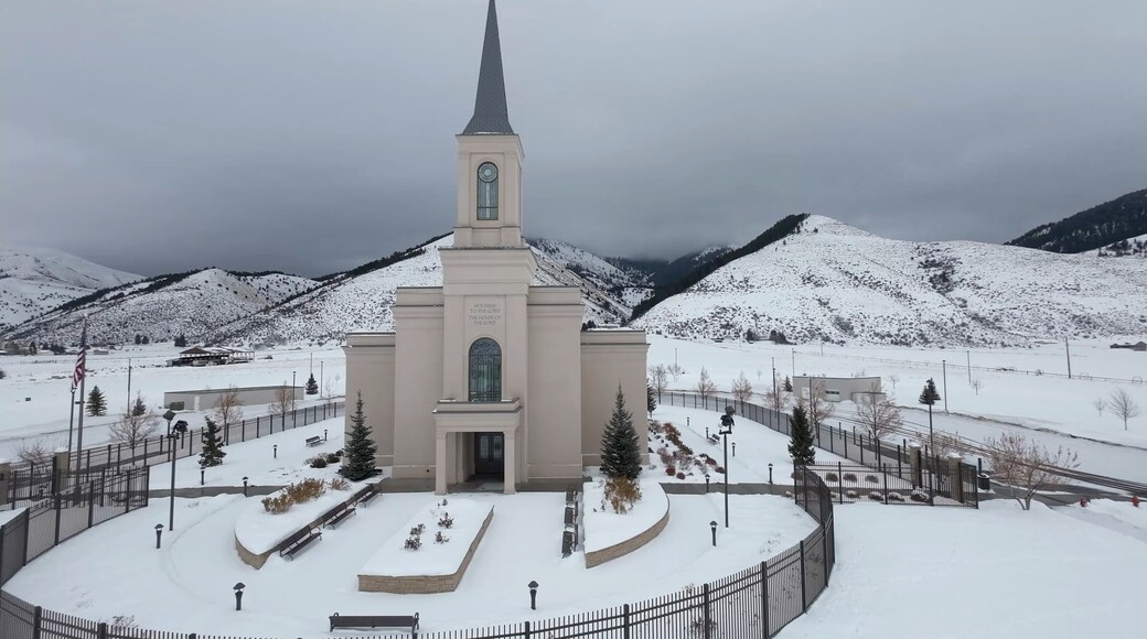 Aerial view of Afton Wyoming, the church of Jesus Christ of Latter-day Saints temple in winter