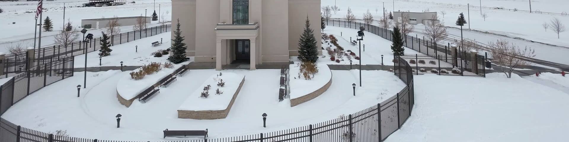 Aerial view of Afton Wyoming, the church of Jesus Christ of Latter-day Saints temple in winter