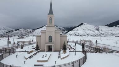 Aerial view of Afton Wyoming, the church of Jesus Christ of Latter-day Saints temple in winter