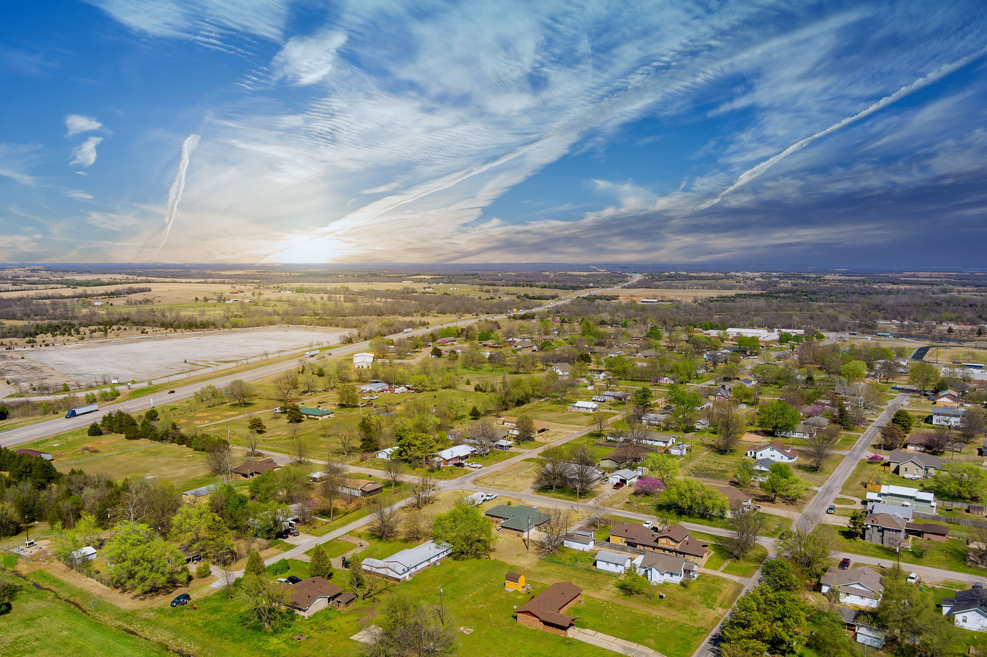 Aerial view of residential district at suburban development with a Stroud Oklahoma US