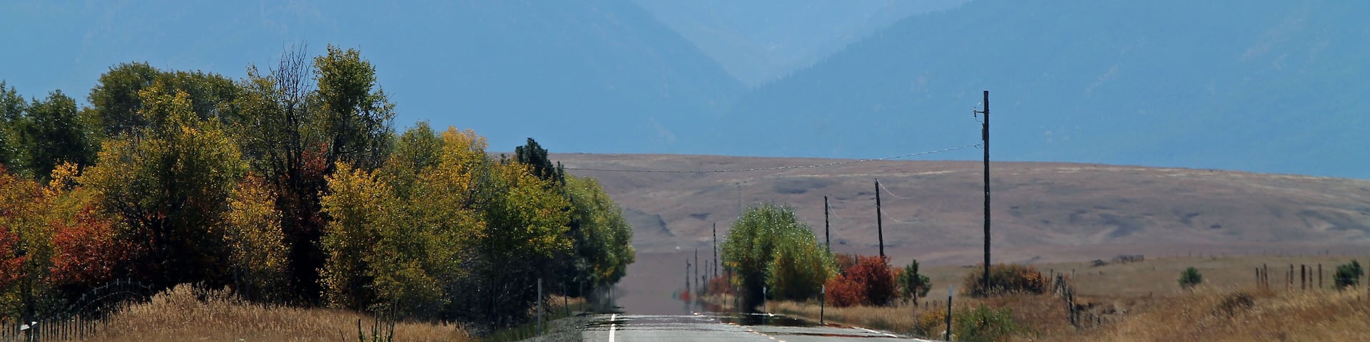 A road flanked by autumn-colored trees and mountains in the distance.