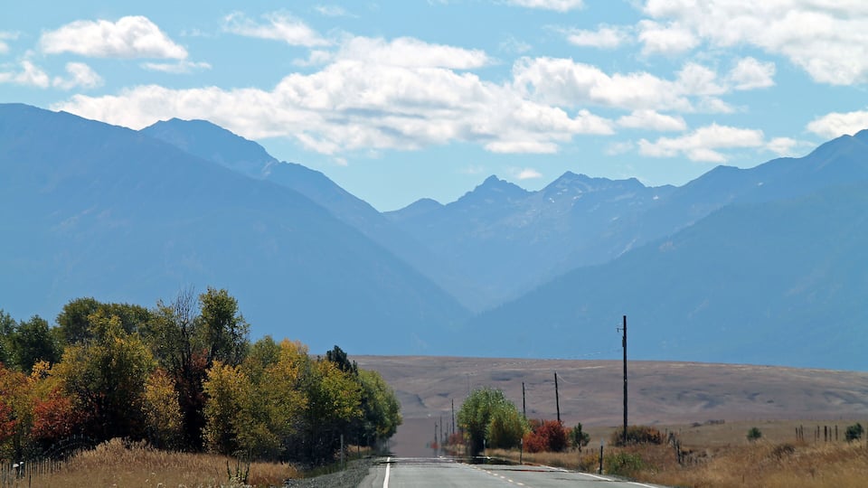 A road flanked by autumn-colored trees and mountains in the distance.