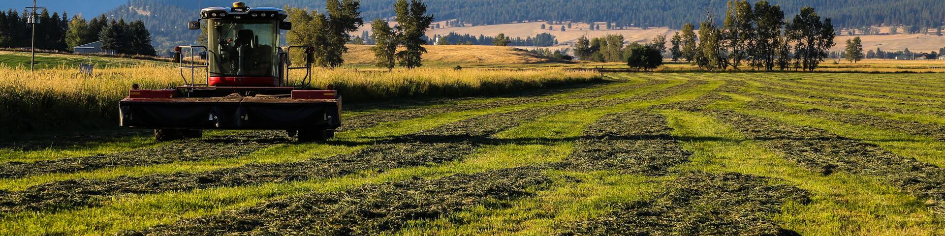 A tractor in a field with mountains in the background.