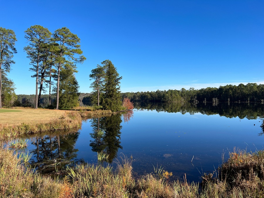 A lakeside view of the golf course at Cheraw State Park, South Carolina, USA.