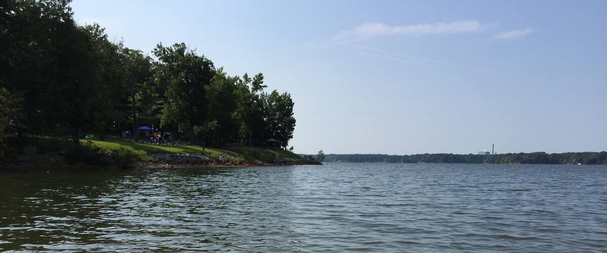 A calm lake with gentle ripples, surrounded by dense trees and a distant shoreline.