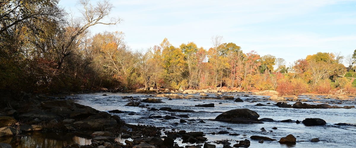 A river with rocks and autumn-colored trees.