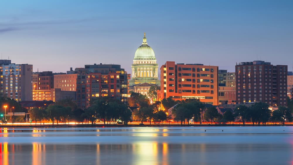 Madison, Wisconsin, USA Downtown Skyline on Lake Monona