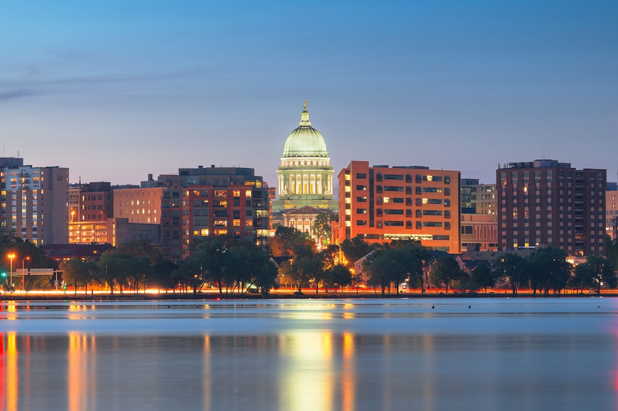 Madison, Wisconsin, USA Downtown Skyline on Lake Monona