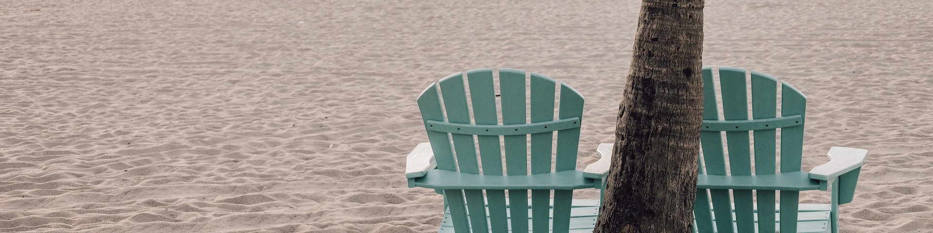 Dos sillas Adirondack verdes atadas a un árbol en una playa arenosa, con el océano y un barco a lo lejos.