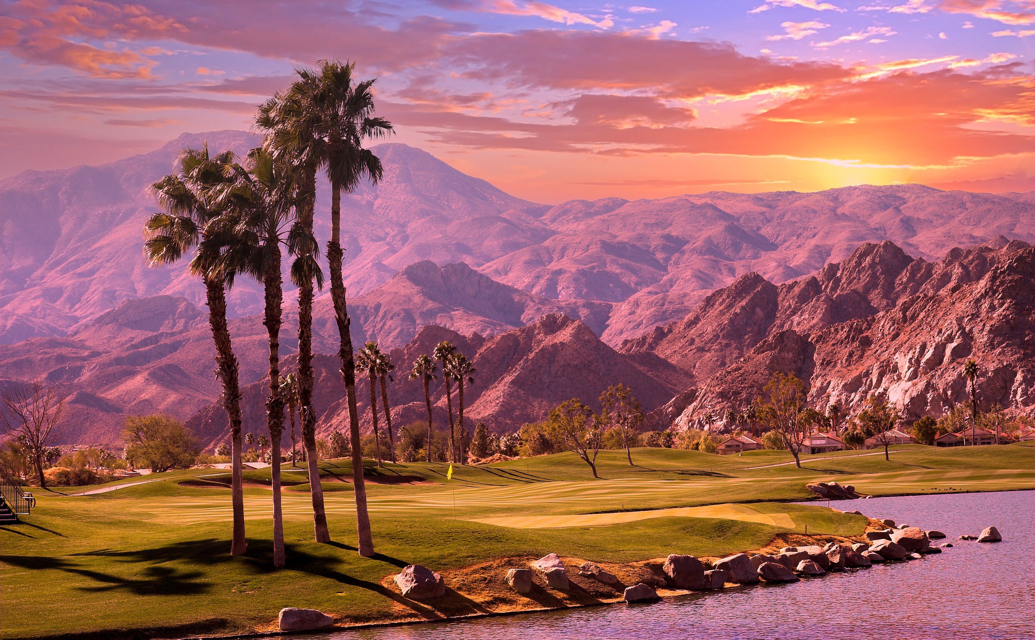 golf courseat sunset  in palm springs, california