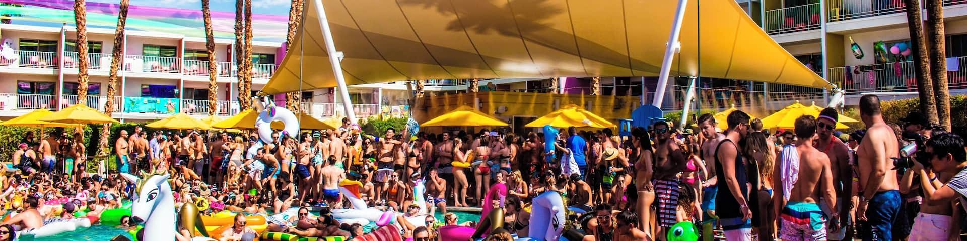 The Saguaro Palm Springs is home to the SplashHouse Pool and Music Festival in Palm Springs California.
Source: http://www.partytrail.com/splash-house-music-festival/
