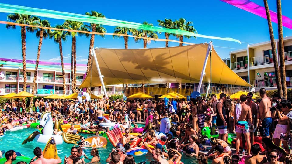 The Saguaro Palm Springs is home to the SplashHouse Pool and Music Festival in Palm Springs California.
Source: http://www.partytrail.com/splash-house-music-festival/