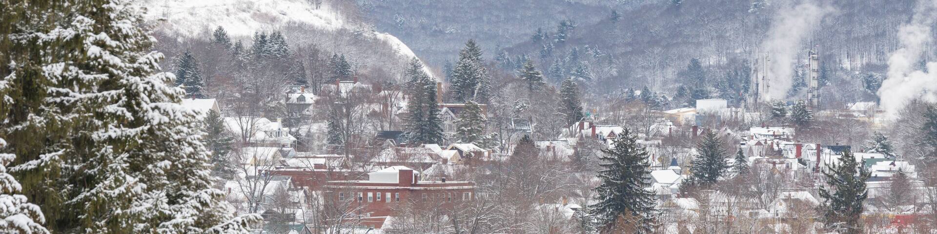Valley town covered in snow, fresh winter landscape, Bradford county, Pennsylvania USA cinematic wonderful copy space image.