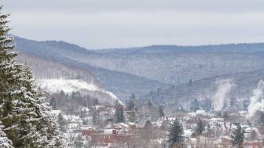 Valley town covered in snow, fresh winter landscape, Bradford county, Pennsylvania USA cinematic wonderful copy space image.