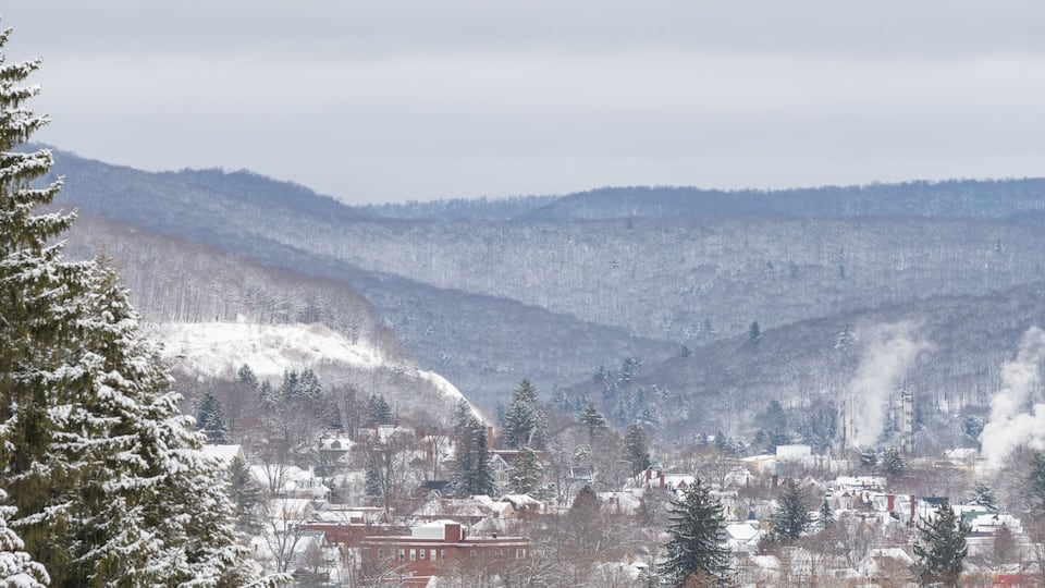 Valley town covered in snow, fresh winter landscape, Bradford county, Pennsylvania USA cinematic wonderful copy space image.