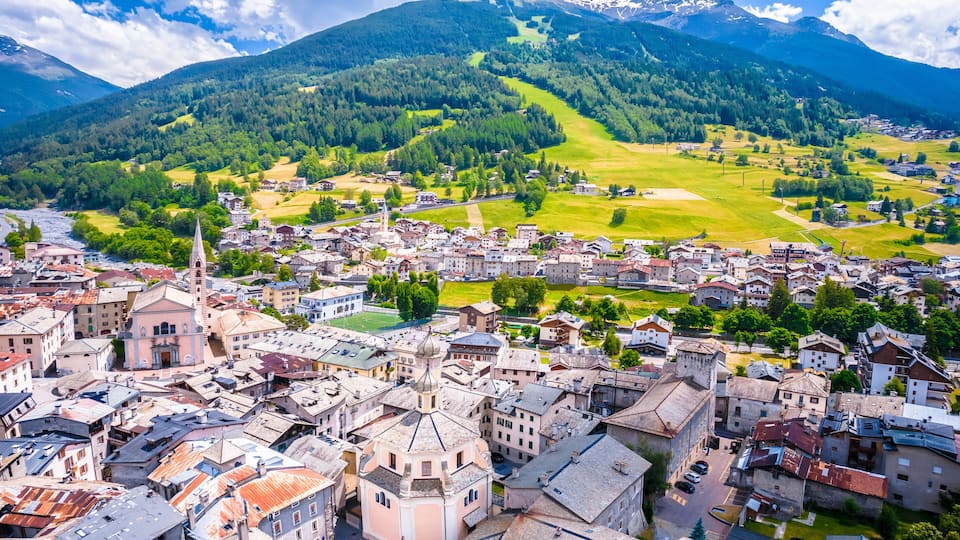 Town of Bormio in Dolomites Alps landscape view, Province of Sondrio
