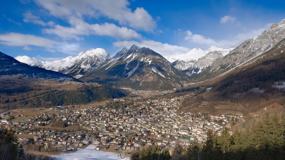 BORMIO, ITALY, January 2019: panoramic view from the mountain.