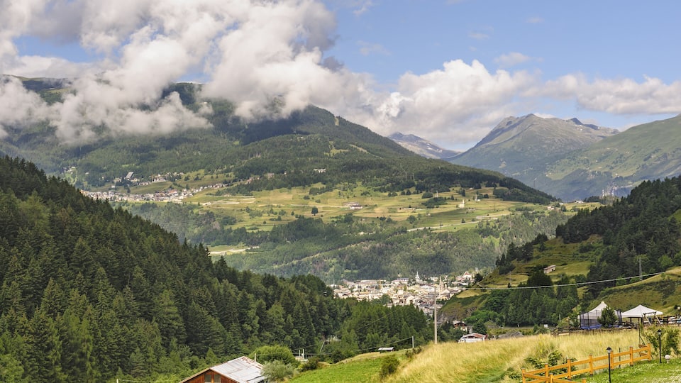 Panoramic view on Bormio from Passo Gavia (Alps, Lombardy, Italy) at summer
