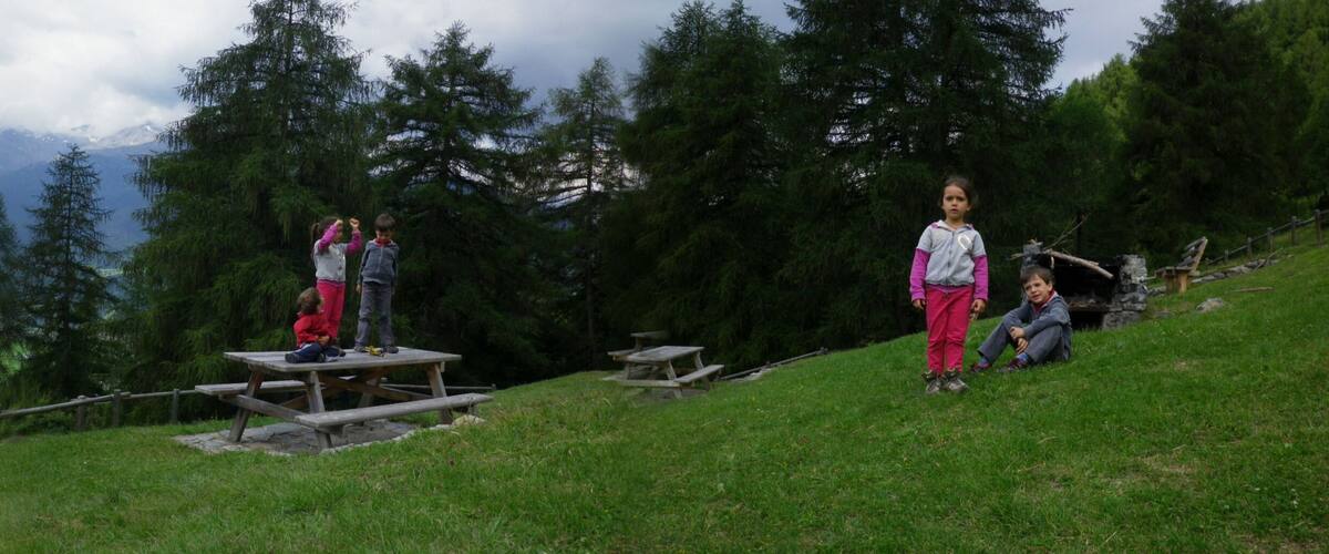 panoramic photo of mountain landscape in Valtellina, children play in place for picnics, mountains in spring, path, Bormio, Lombardy, Italy