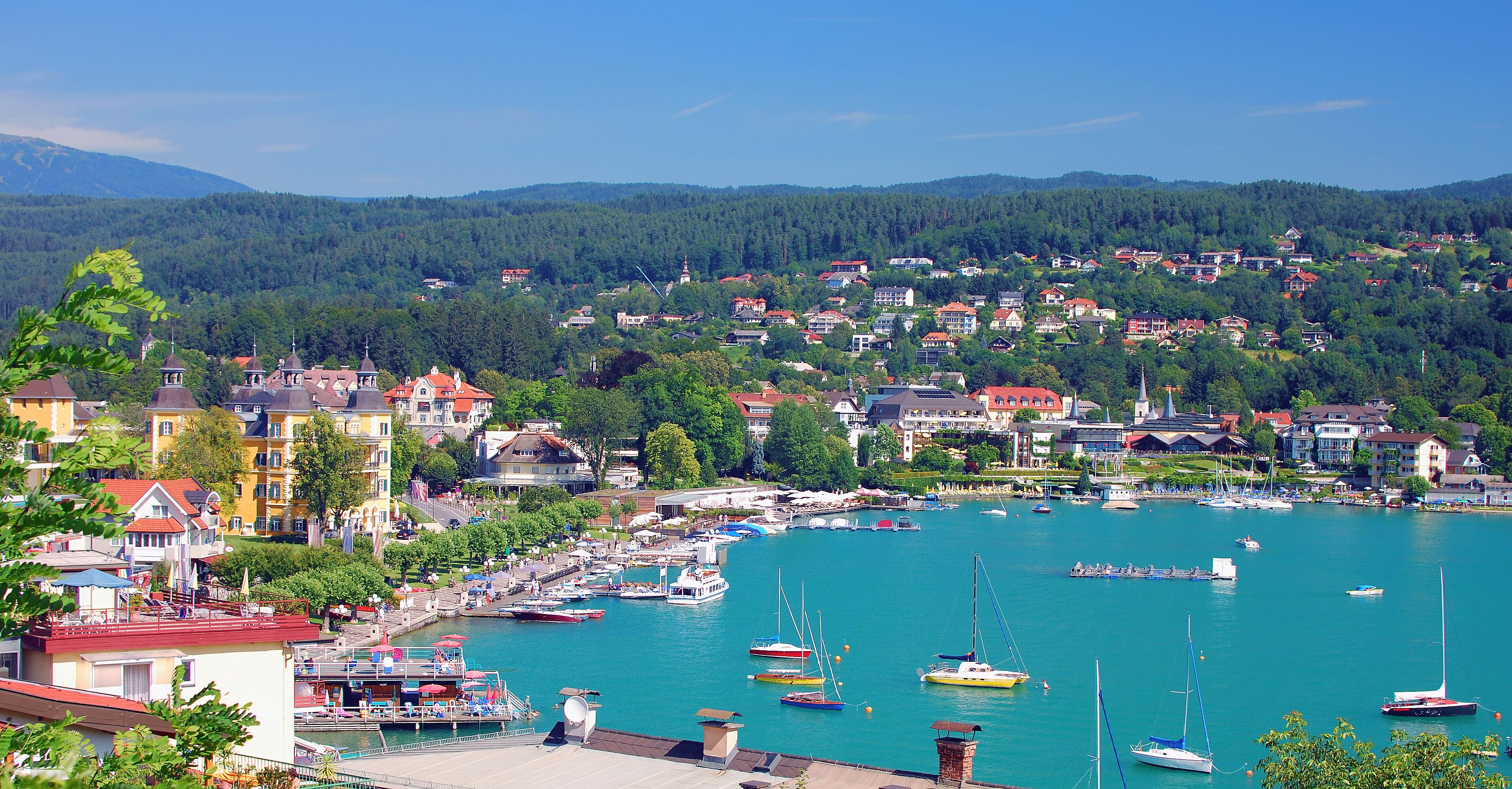 A coastal town with a marina, houses, and a forested hill in the background.