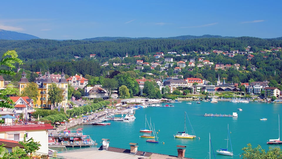 A coastal town with a marina, houses, and a forested hill in the background.