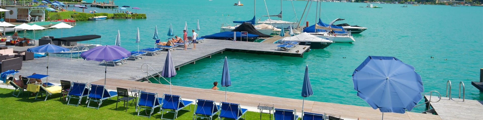 A marina with boats, a dock, and a grassy area with lounge chairs.