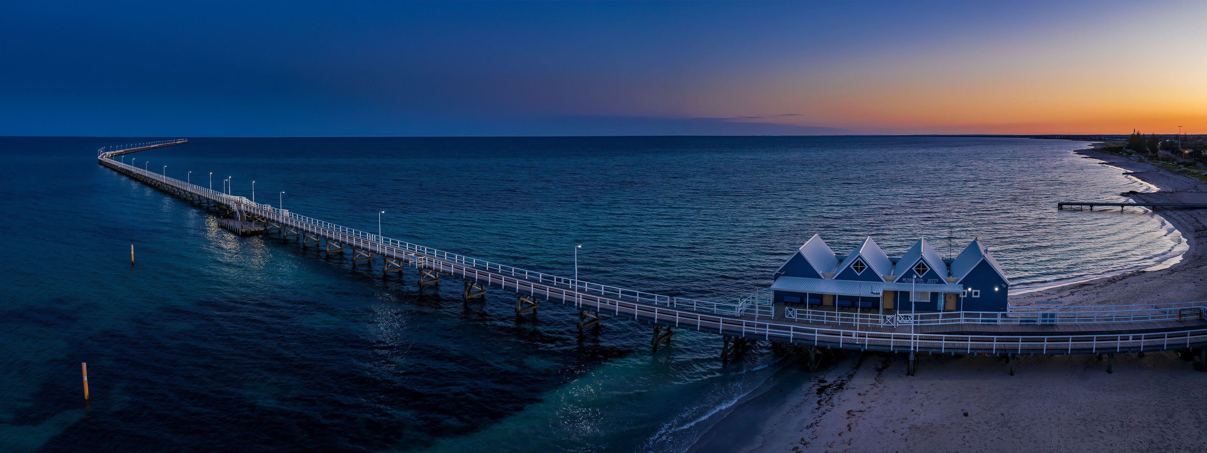 Panoramic aerial dawn view of the iconic Busselton Jetty, located 220 km south west of Perth, Western Australia