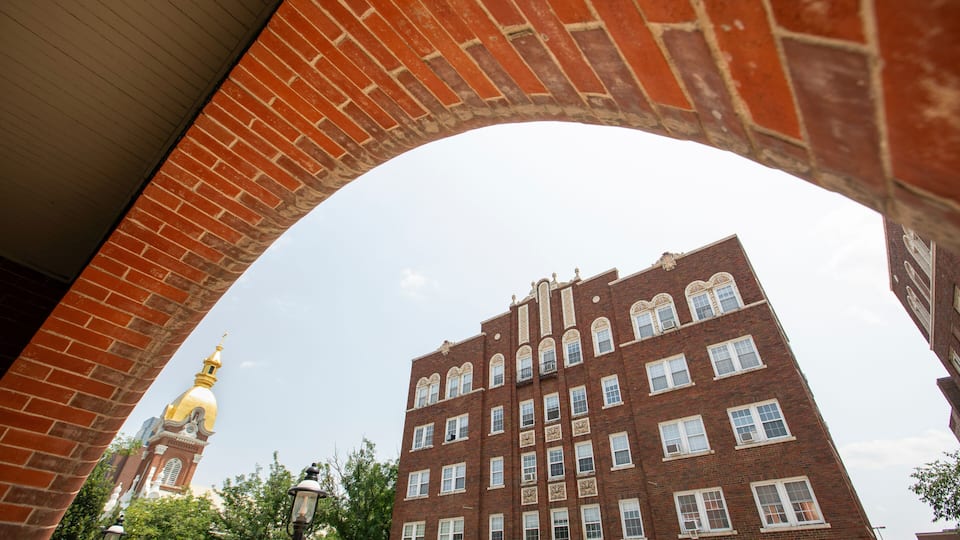 A brick building with a golden dome under a red brick archway.