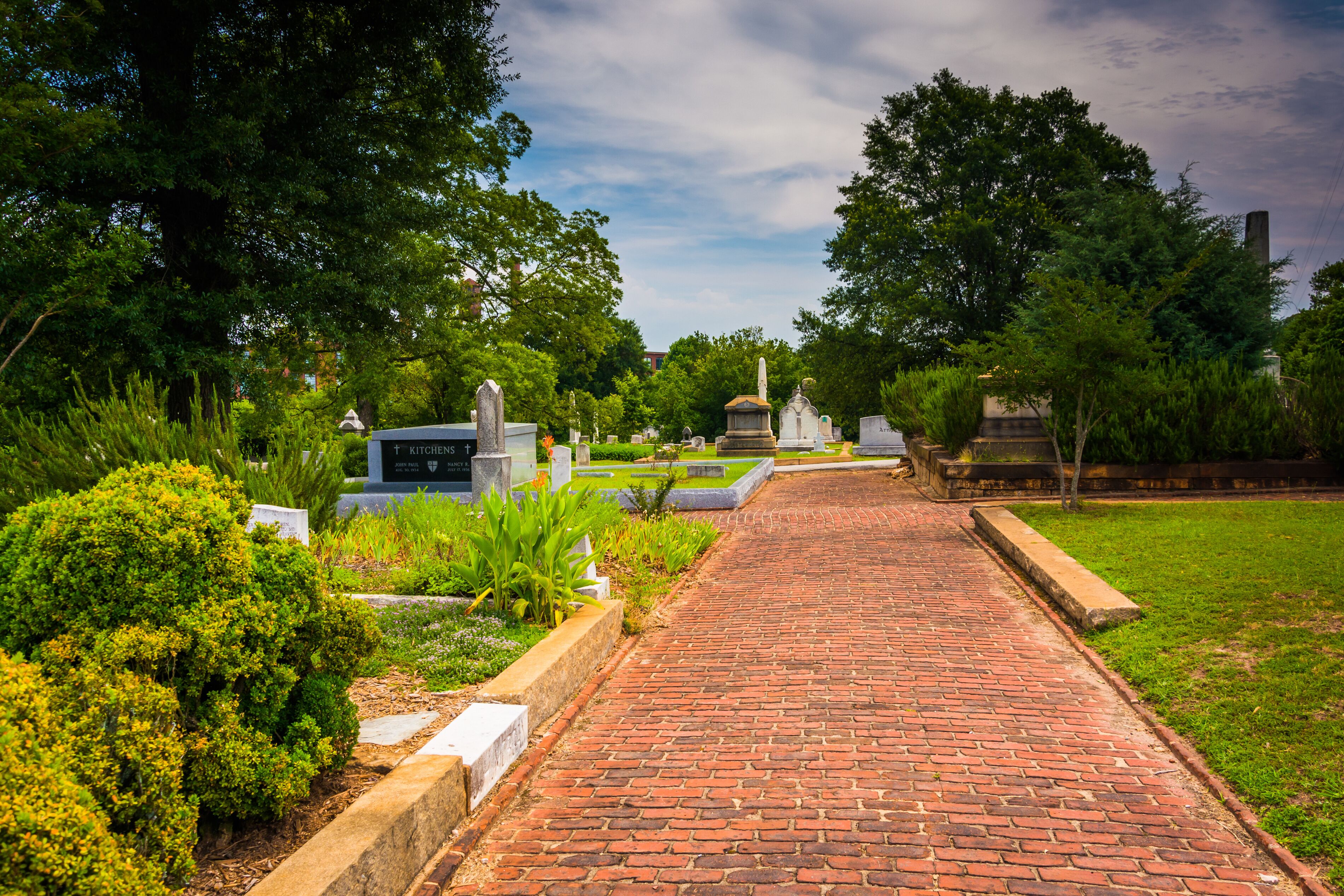 Graves and bushes at Oakland Cemetary in Atlanta, Georgia.