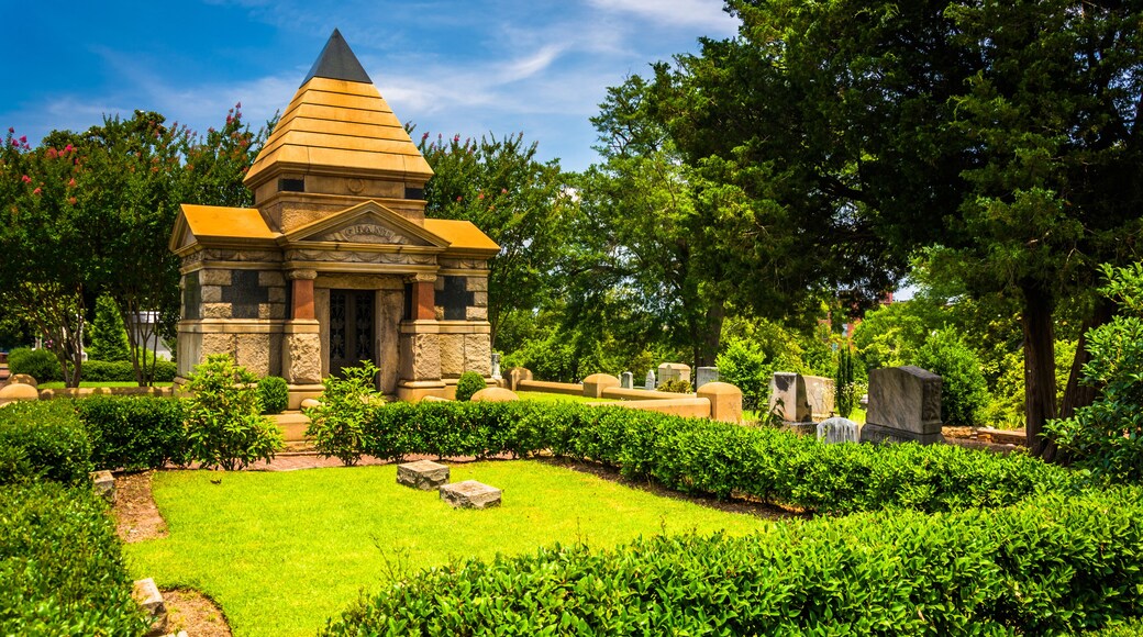 Bushes and mausoleum at Oakland Cemetary in Atlanta, Georgia.