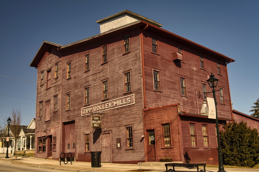 The Tipp Roller Mill a one time operating grist mill, it is now the Tipp Roller Mill Theater. USA 2025