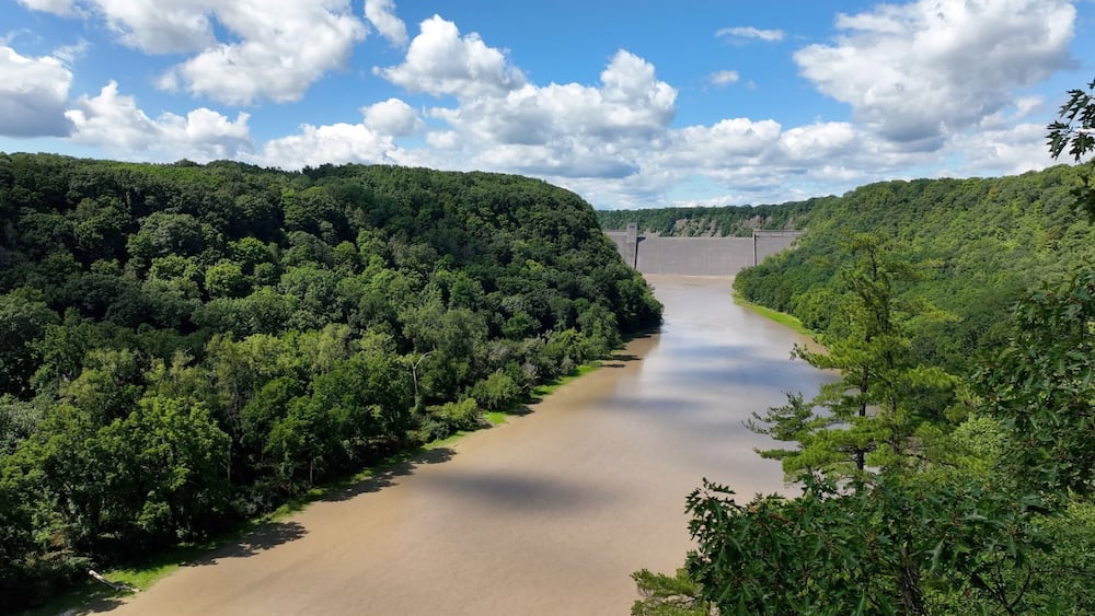 A river flowing through a densely forested valley with a dam in the distance.