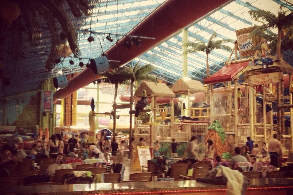 Un parc d’attractions intérieur sur le thème des tropiques, avec des palmiers, un toboggan aquatique et diverses attractions.