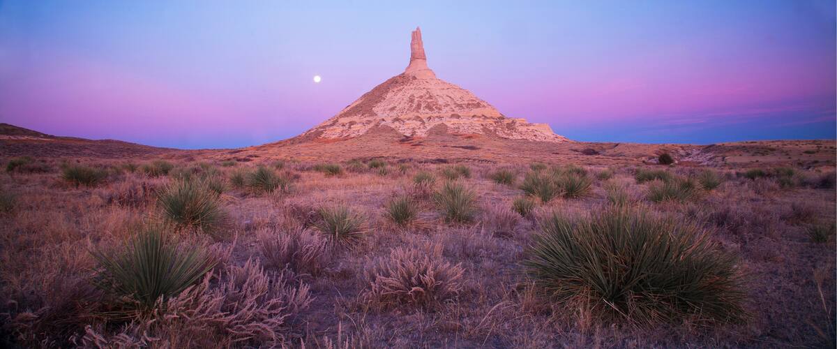 A desert landscape with a prominent mesa in the center, surrounded by sparse vegetation.