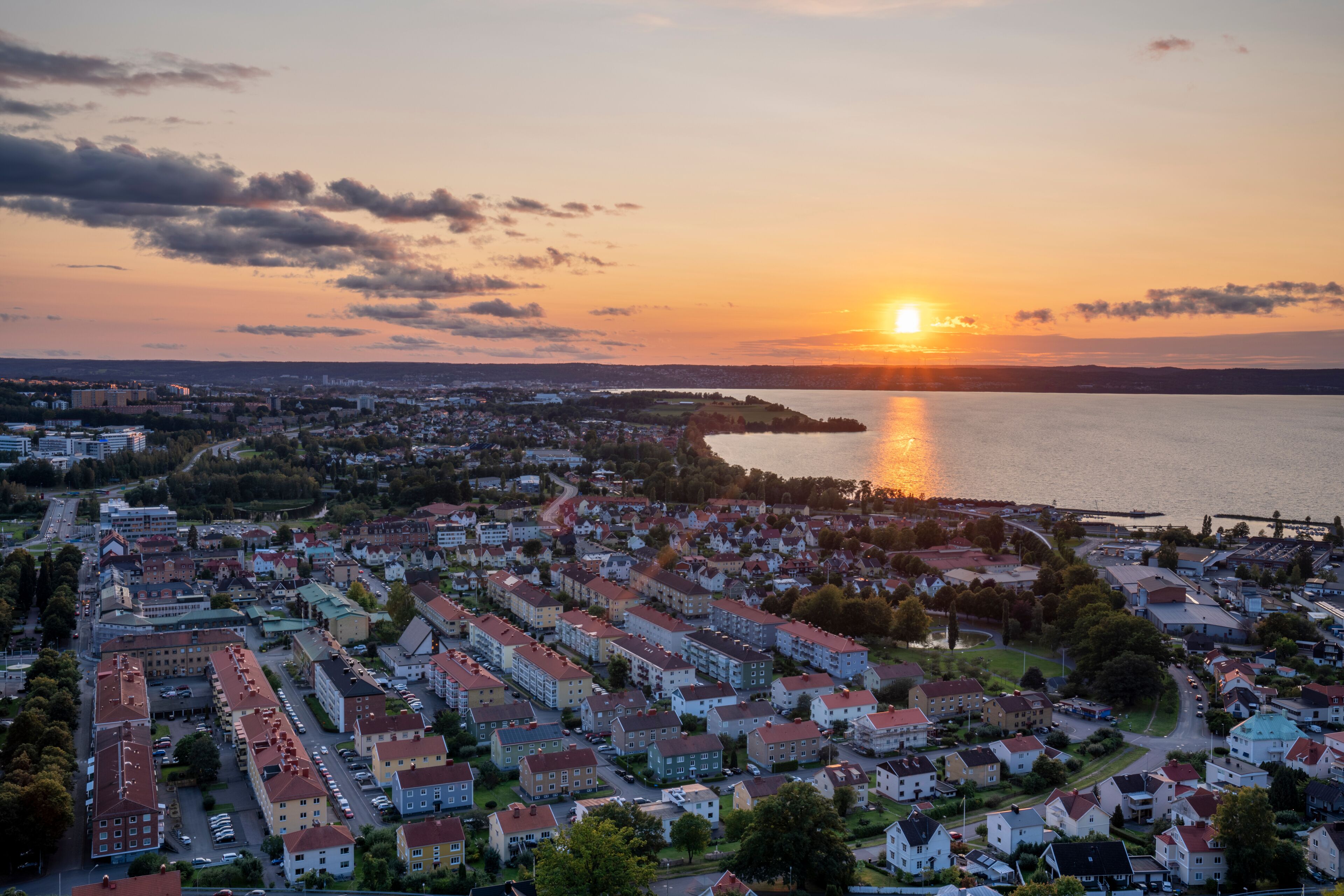 Panorama Skyline view from above Huskvarna city and Lake Vattern
